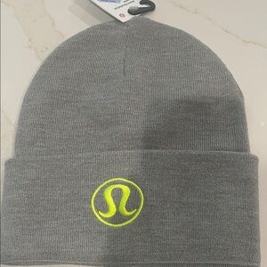 Lululemon Gray Beanie with Lemon-lime Logo, new, one size unisex merino blend